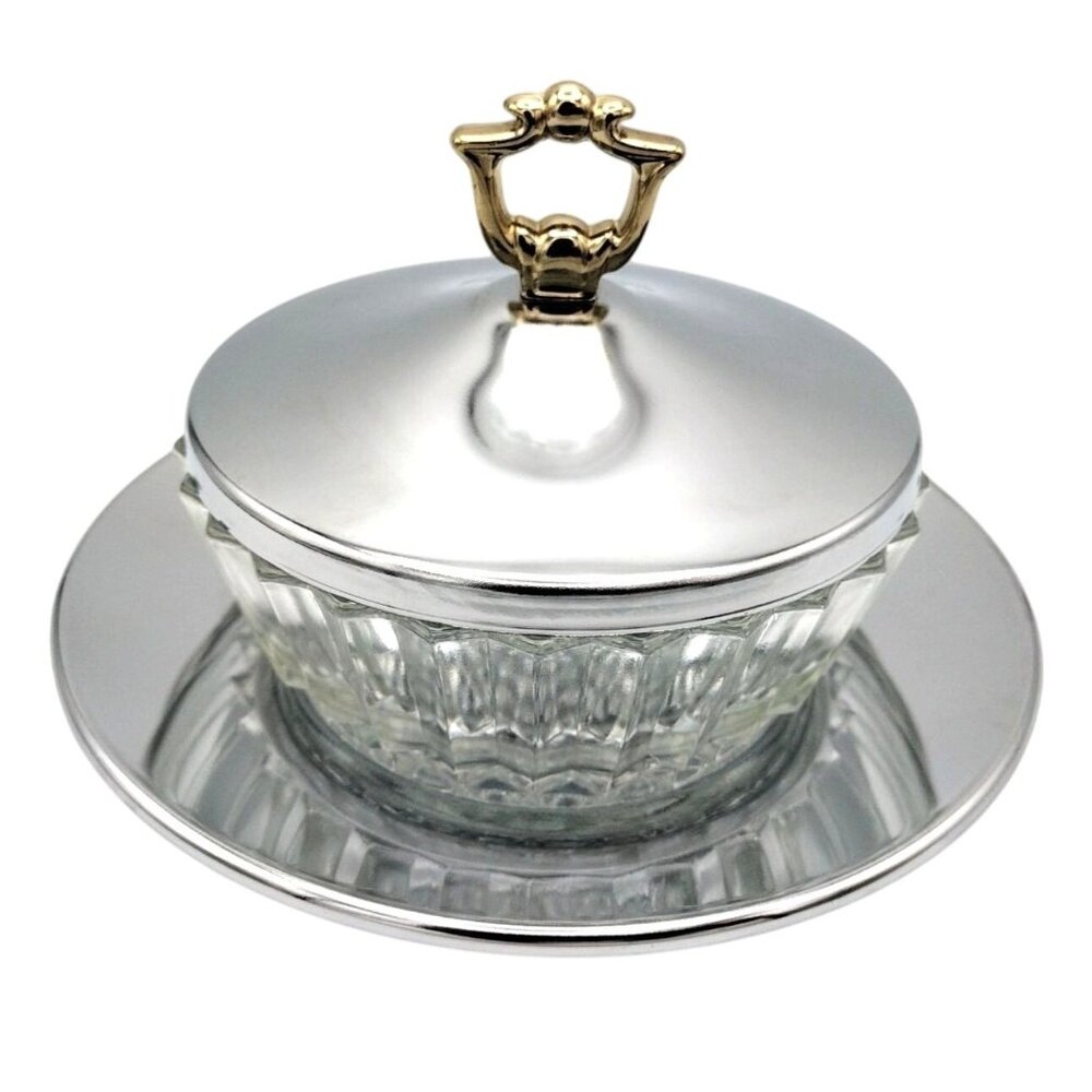 Glass Sauce Bowl Chrome Lid Kromex Vintage 1960s Serving Dish Midcentury Dining